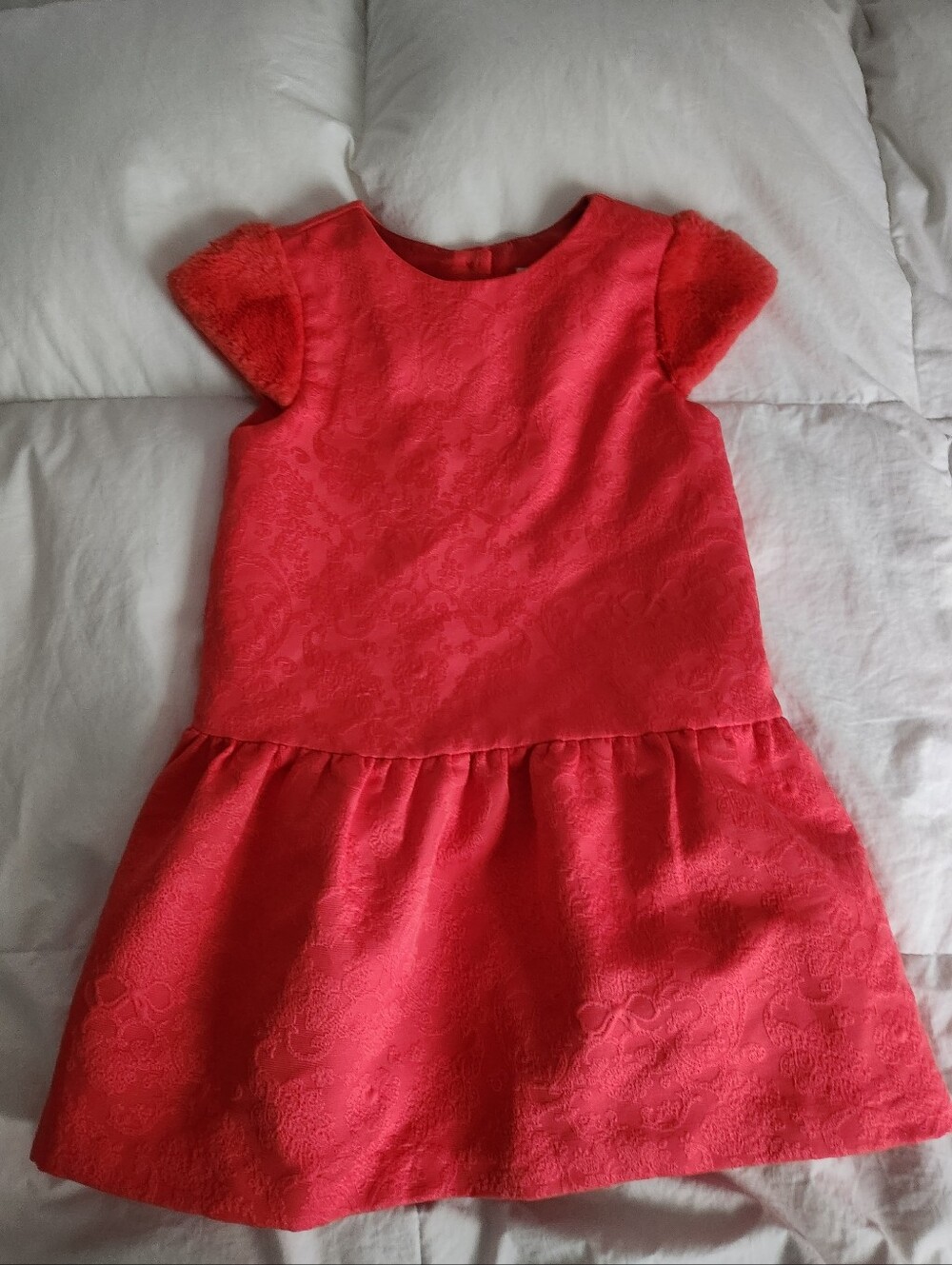 Janie And Jack Red Brocade Holiday Party Dress Size 6 Girls Faux Fur Cap Sleeve